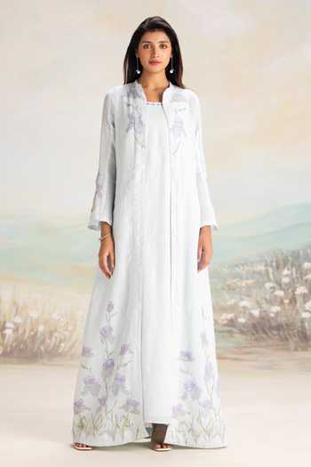 Buy_Kaveri_Blue Linen Mandarin Collar, Yes Iris Tint Abaya And Dress Set _Online_at_Aza_Fashions