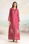 Buy_Kaveri_Pink Linen Embroidery Mosaic Floral Print Abaya And Dress Set _at_Aza_Fashions