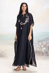 Buy_Kaveri_Black Linen Applique Leaf Embroidered Kaftan _at_Aza_Fashions