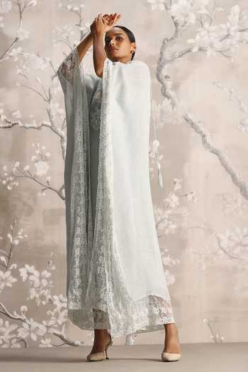 Kaveri_Blue Linen Embroidery, Lace Round Neck Love Embellished Kaftan _Online_at_Aza_Fashions