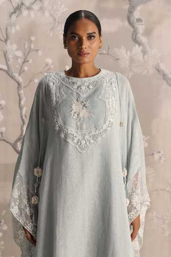 Buy_Kaveri_Blue Linen Embroidery, Lace Round Neck Love Embellished Kaftan _Online_at_Aza_Fashions