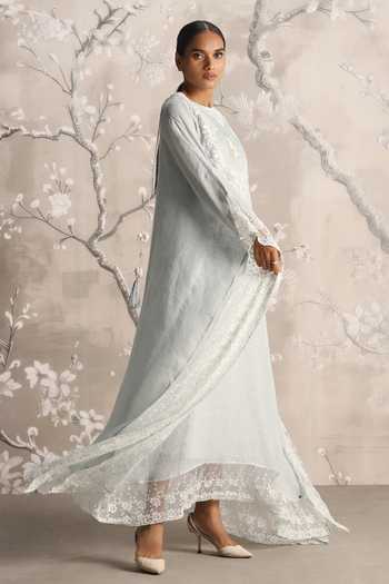 Shop_Kaveri_Blue Linen Embroidery, Lace Round Neck Love Embellished Kaftan _Online_at_Aza_Fashions