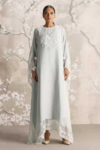 Buy_Kaveri_Blue Linen Embroidery, Lace Round Neck Love Embellished Kaftan _at_Aza_Fashions
