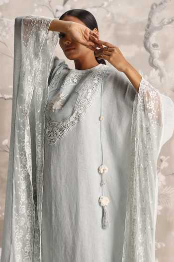 Kaveri_Blue Linen Embroidery, Lace Round Neck Love Embellished Kaftan _at_Aza_Fashions