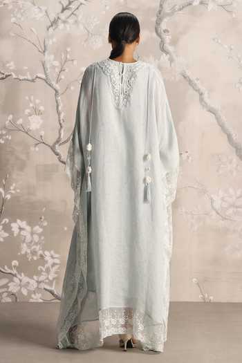Shop_Kaveri_Blue Linen Embroidery, Lace Round Neck Love Embellished Kaftan _at_Aza_Fashions