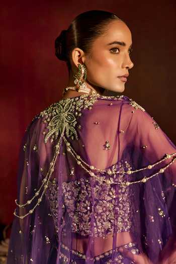 Prevasu_Purple Silk, Brocade, Net Embroidery, Zari Lehenga Cape Set _Online_at_Aza_Fashions