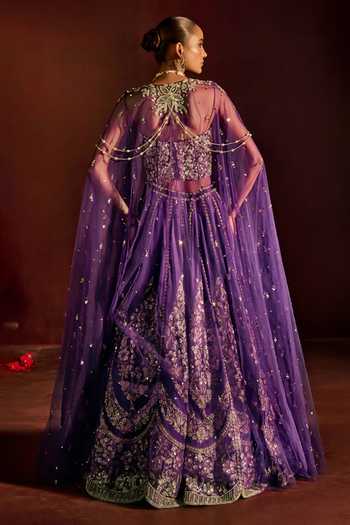 Shop_Prevasu_Purple Silk, Brocade, Net Embroidery, Zari Lehenga Cape Set _at_Aza_Fashions