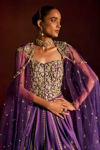 Buy_Prevasu_Purple Silk, Brocade, Net Embroidery, Zari Lehenga Cape Set _Online_at_Aza_Fashions