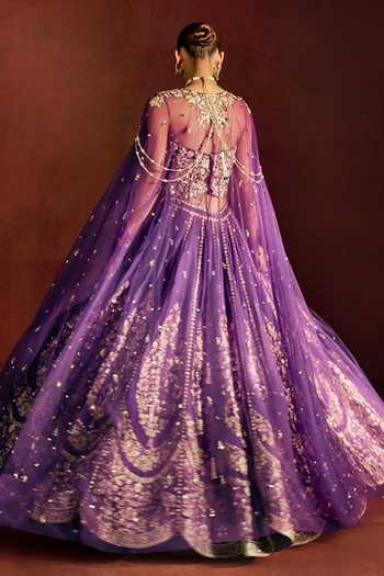 Shop_Prevasu_Purple Silk, Brocade, Net Embroidery, Zari Lehenga Cape Set _Online_at_Aza_Fashions
