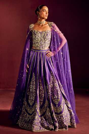 Buy_Prevasu_Purple Silk, Brocade, Net Embroidery, Zari Lehenga Cape Set _at_Aza_Fashions