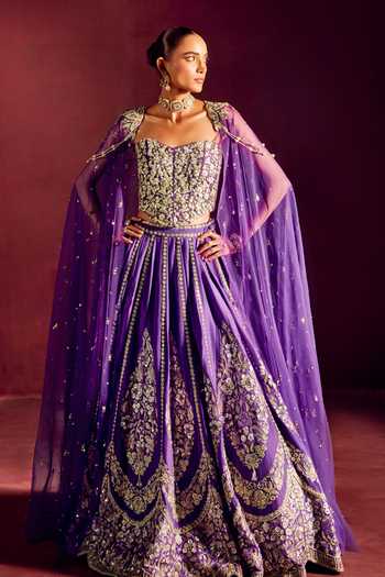 Buy_Prevasu_Purple Silk, Brocade, Net Embroidery, Zari Lehenga Cape Set 