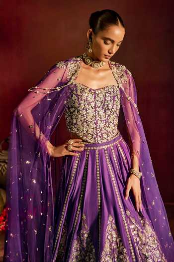 Shop_Prevasu_Purple Silk, Brocade, Net Embroidery, Zari Lehenga Cape Set 