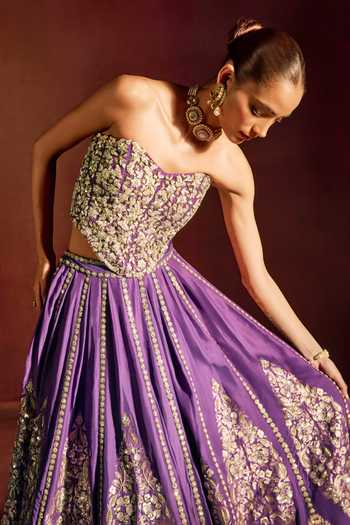 Prevasu_Purple Silk, Brocade, Net Embroidery, Zari Lehenga Cape Set _Online