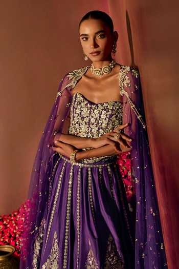 Shop_Prevasu_Purple Silk, Brocade, Net Embroidery, Zari Lehenga Cape Set _Online