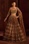 Shop_Prevasu_Gold Net Sequins, Beads, Zari Mocha Goddess Embroidered Skirt And Blouse Set 