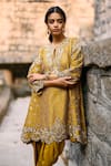 Shop_Jayanti Reddy_Mustard Silk Zari, Stones Nebula Zardosi Tunic And Dhoti Pant Set _at_Aza_Fashions