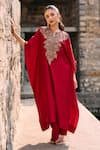 Buy_Jayanti Reddy_Red Silk Embroidery Zooli Threadwork Kaftan And Palazzo Set _at_Aza_Fashions