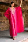 Buy_Jayanti Reddy_Pink Silk Zari Owl Zardosi Kaftan And Palazzo Set _at_Aza_Fashions