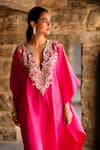 Shop_Jayanti Reddy_Pink Silk Zari Owl Zardosi Kaftan And Palazzo Set _at_Aza_Fashions
