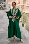 Buy_Jayanti Reddy_Green Silk Embroidery Pixi Threadwork Kaftan _at_Aza_Fashions