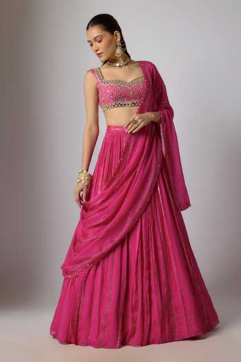 Buy_Krishna Padia_Pink Chinon Beads, Pearls, Zari, Mirrors Sweetheart Bandhej Print Lehenga Set _at_Aza_Fashions