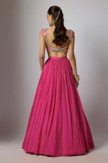 Shop_Krishna Padia_Pink Chinon Beads, Pearls, Zari, Mirrors Sweetheart Bandhej Print Lehenga Set _at_Aza_Fashions