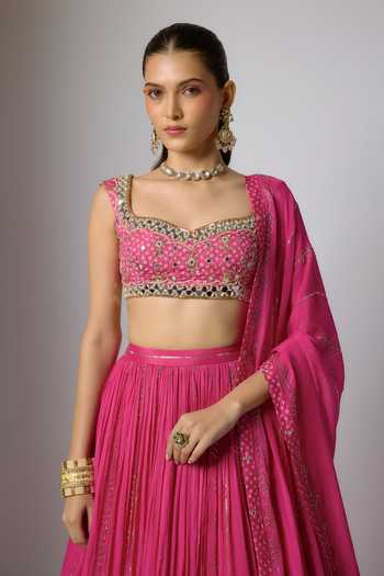 Buy_Krishna Padia_Pink Chinon Beads, Pearls, Zari, Mirrors Sweetheart Bandhej Print Lehenga Set _Online_at_Aza_Fashions