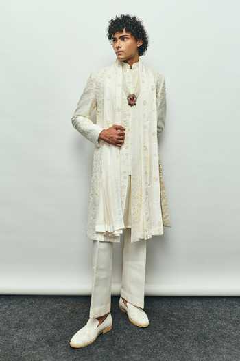 Shop_Jigar & Nikita_Ivory Silk, Velvet, Chanderi Silk, Satin Paris White Monotone Sherwani Set _at_Aza_Fashions