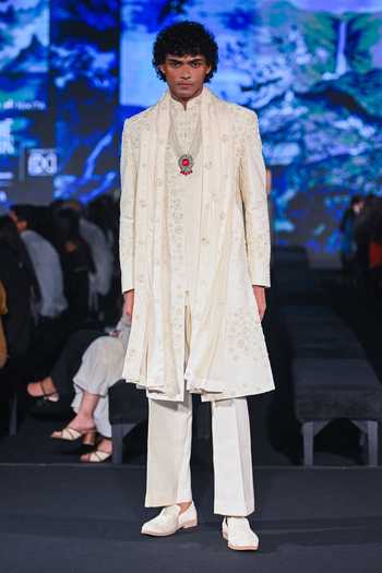 Jigar & Nikita_Ivory Silk, Velvet, Chanderi Silk, Satin Paris White Monotone Sherwani Set _Online_at_Aza_Fashions