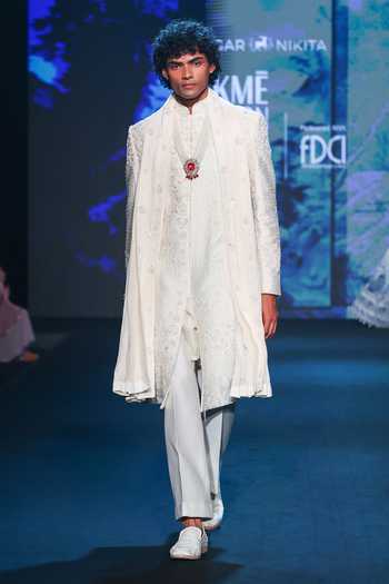 Buy_Jigar & Nikita_Ivory Silk, Velvet, Chanderi Silk, Satin Paris White Monotone Sherwani Set _Online_at_Aza_Fashions