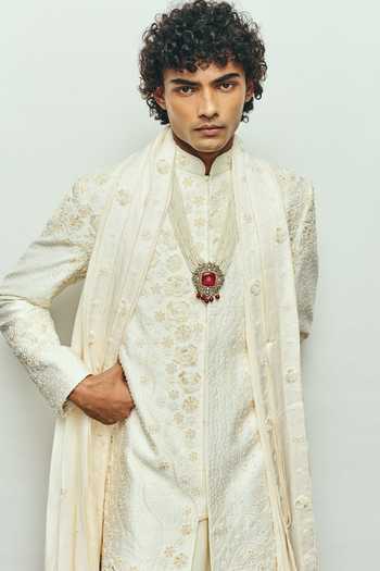 Shop_Jigar & Nikita_Ivory Silk, Velvet, Chanderi Silk, Satin Paris White Monotone Sherwani Set _Online_at_Aza_Fashions