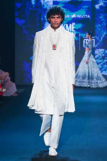 Jigar & Nikita_Ivory Silk, Velvet, Chanderi Silk, Satin Paris White Monotone Sherwani Set _at_Aza_Fashions