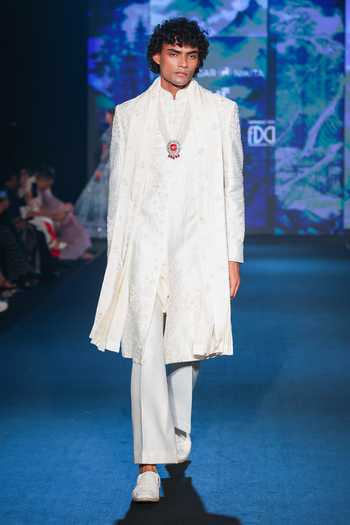 Buy_Jigar & Nikita_Ivory Silk, Velvet, Chanderi Silk, Satin Paris White Monotone Sherwani Set 