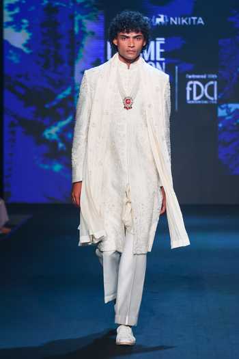 Buy_Jigar & Nikita_Ivory Silk, Velvet, Chanderi Silk, Satin Paris White Monotone Sherwani Set _at_Aza_Fashions