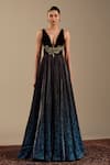 Buy_Cedar & Pine_Blue Organza, Velvet Embroidery Plunge Neck Roma Sleeveless Gown _at_Aza_Fashions