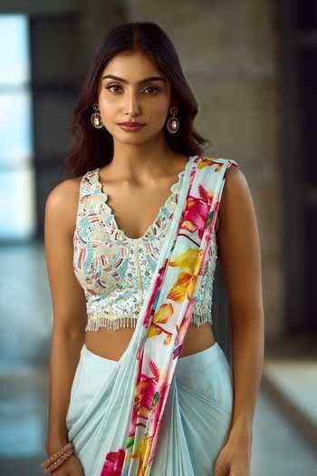 Shop_Samyukta Singhania_Blue Viscose, Silk Beads, Tassels Sweetheart Floral Pattern Pre-draped Saree Set _at_Aza_Fashions