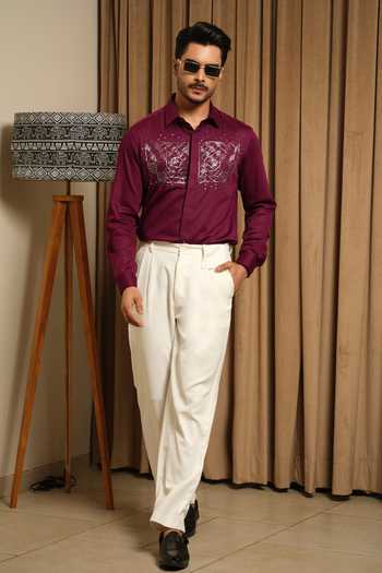 Shop_Runit Gupta_Wine Vegan Silk Embroidery, Zari Matrix Shirt _at_Aza_Fashions
