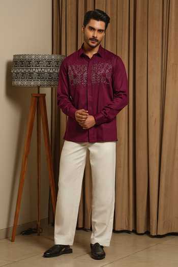 Runit Gupta_Wine Vegan Silk Embroidery, Zari Matrix Shirt _Online_at_Aza_Fashions