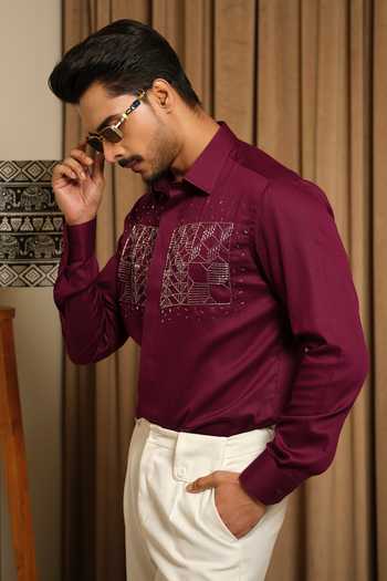 Buy_Runit Gupta_Wine Vegan Silk Embroidery, Zari Matrix Shirt _Online_at_Aza_Fashions