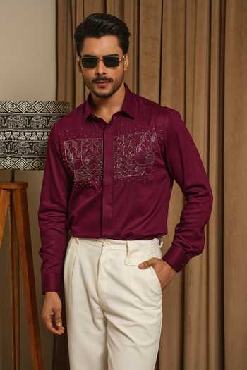 Runit Gupta_Wine Vegan Silk Embroidery, Zari Matrix Shirt _at_Aza_Fashions