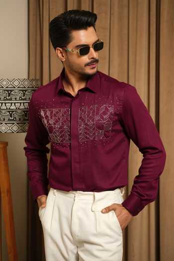 Buy_Runit Gupta_Wine Vegan Silk Embroidery, Zari Matrix Shirt 