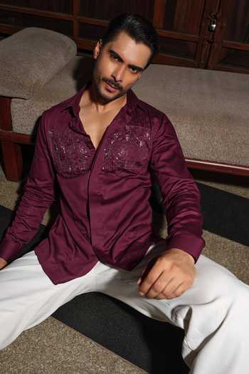 Shop_Runit Gupta_Wine Vegan Silk Embroidery, Zari Matrix Shirt 