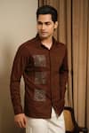 Buy_Runit Gupta_Brown Vegan Silk Embroidery, Metallic Thread Patch Shirt _at_Aza_Fashions