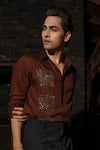 Buy_Runit Gupta_Brown Vegan Silk Embroidery, Metallic Thread Patch Shirt 