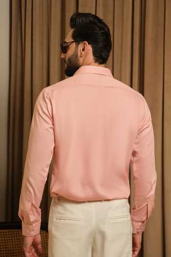 Shop_Runit Gupta_Peach Vegan Silk Embroidery Puzzle Party Shirt _at_Aza_Fashions