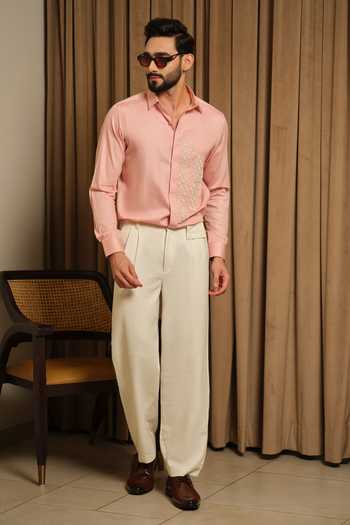 Runit Gupta_Peach Vegan Silk Embroidery Puzzle Party Shirt _Online_at_Aza_Fashions