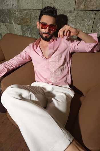 Buy_Runit Gupta_Peach Vegan Silk Embroidery Puzzle Party Shirt 