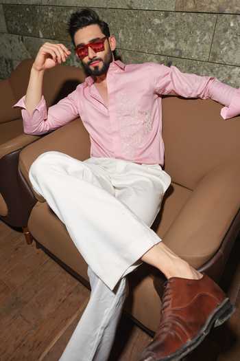 Shop_Runit Gupta_Peach Vegan Silk Embroidery Puzzle Party Shirt 