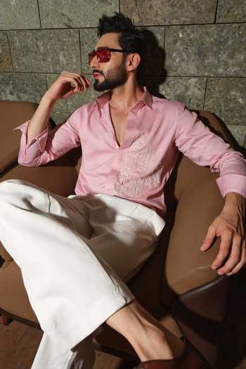 Runit Gupta_Peach Vegan Silk Embroidery Puzzle Party Shirt _Online