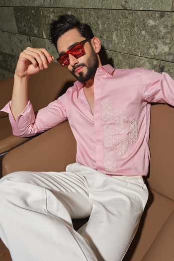 Buy_Runit Gupta_Peach Vegan Silk Embroidery Puzzle Party Shirt _Online